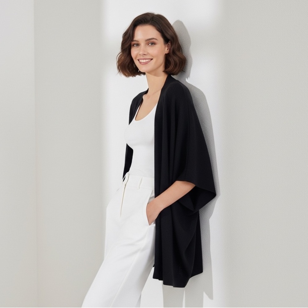 Halogen 100% Cashmere Open Front Poncho Cardigan Sweater Black Soft Cozy Luxury